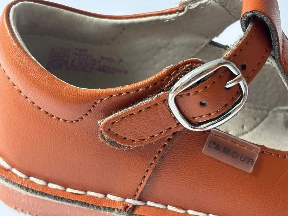 L'Amour Shoes Toddler Girl Ollie T-Strap Perforated Heart Leather Mary Jane Brow
